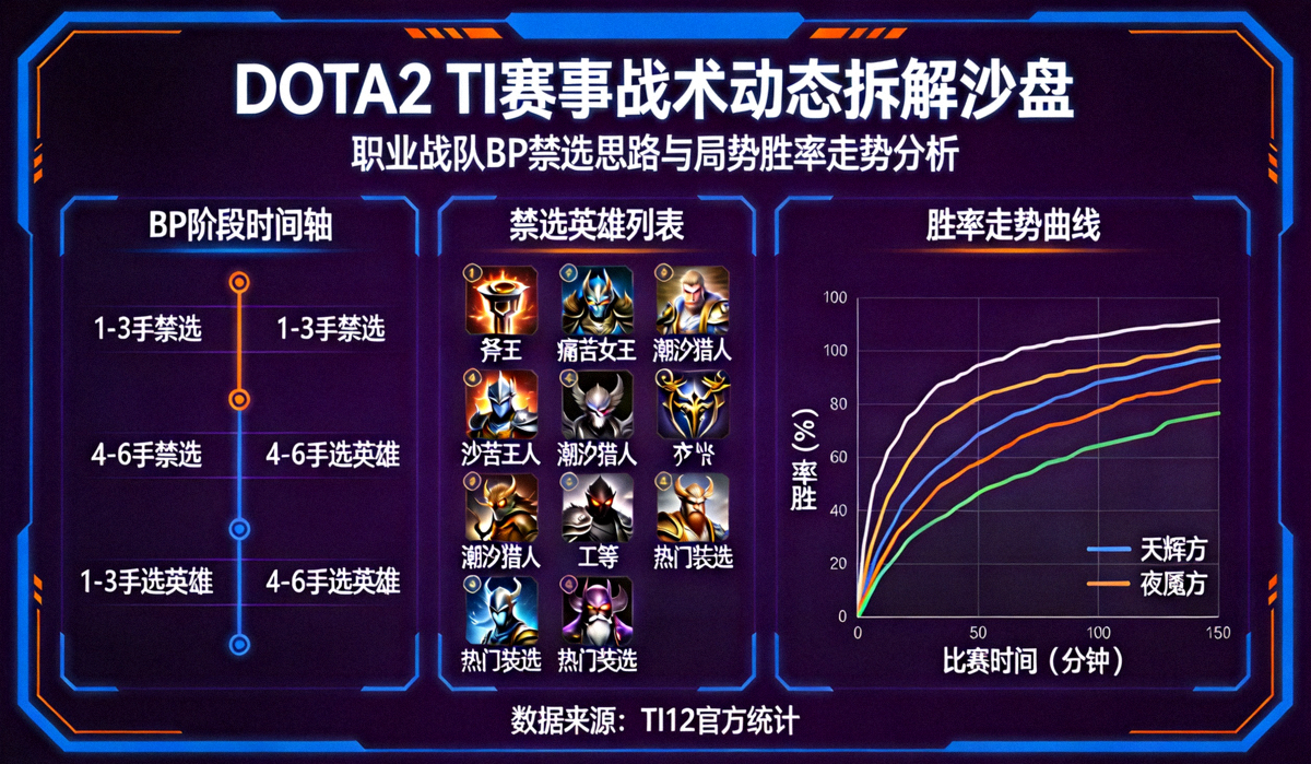 DOTA2 TI 赛事战术动态拆解沙盘 - 职业战队BP禁选思路与局势胜率走势分析界面